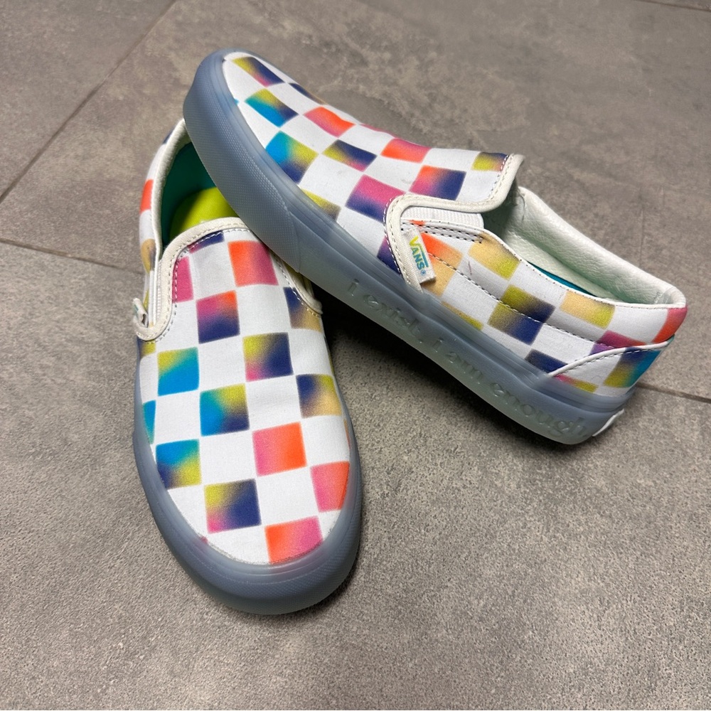 Vans Slip-On Cultivate Care Checkered Rainbow Skate Shoes Blue Gum Sole I Exist - Picture 9 of 11
